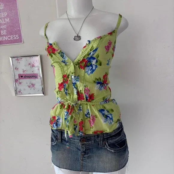 Rare Y2K Abercrombie & Fitch Floral Tank Top – Lime Green Babydoll Style - Picture 4 of 7